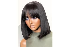 LUVME HAIR 10 Inch Light Yaki Straight Bob Wig with Bangs Human Hair Realistic HD Lace Short Black Bob Wigs, Ready to Go Blunt Cut Bob Wig Glueless 180 Density