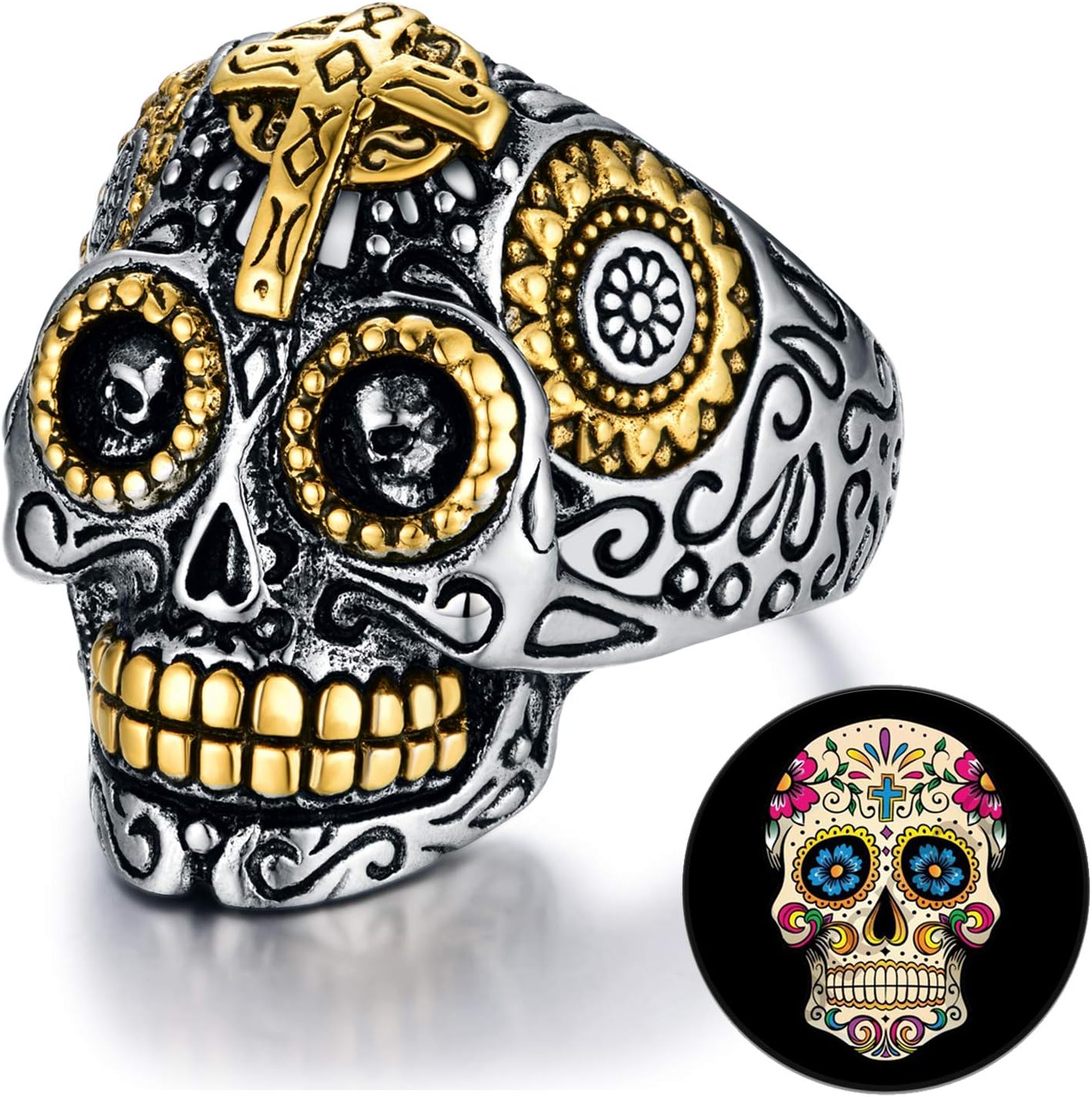 Sugar Skull Rings Stainless Steel Day of The Dead Gothic Cross Flower Cool Mens Jewelry Halloween