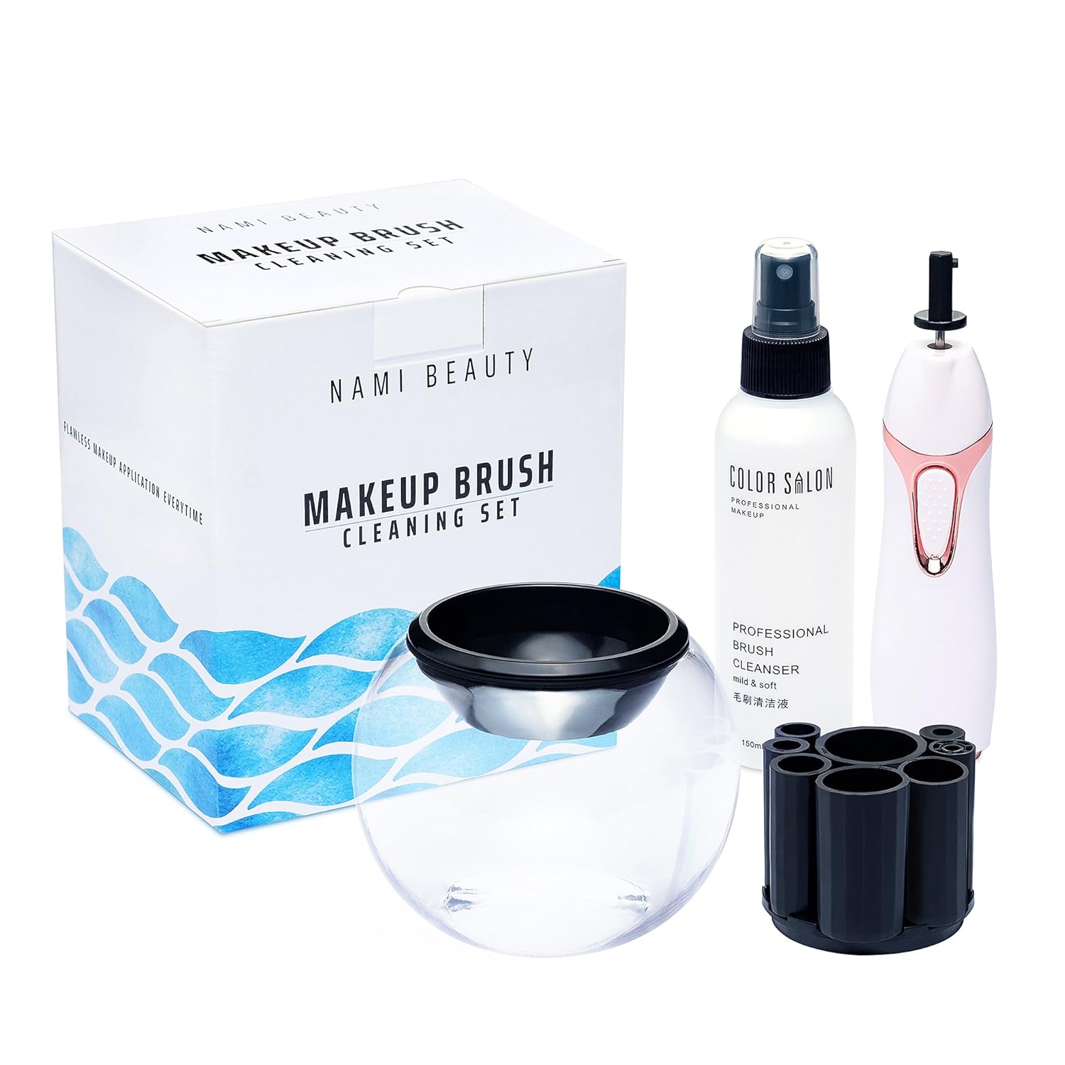 Makeup Brush Cleaner, Electronic Spinner Washer Dryer Kit with Liquid Cleansing Solution, Bowl - Quickly Spin, Wash Sanitize Cosmetic Brushes - Machine Spinning for Cleaning Professional Make Up Tools
