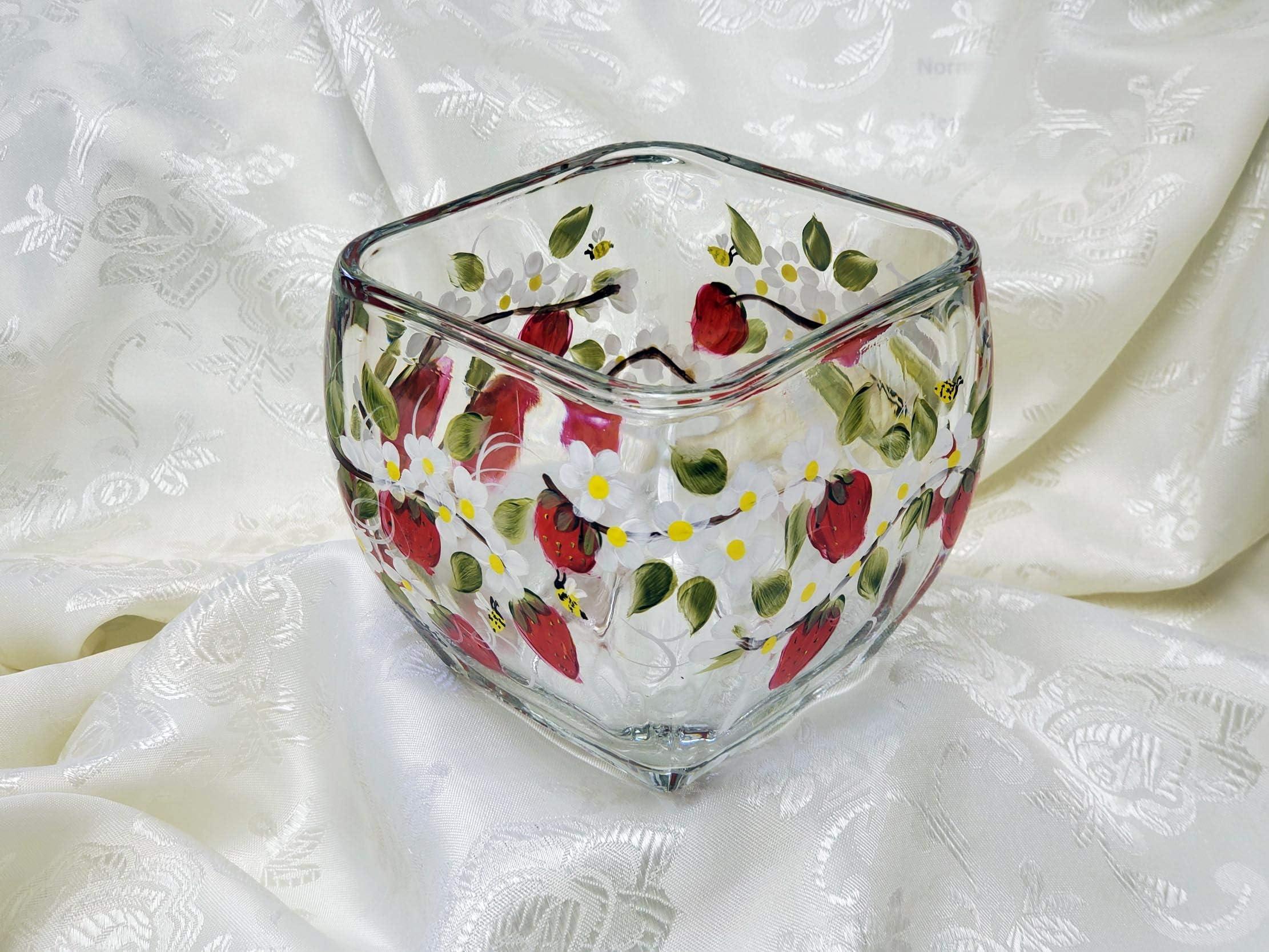 Hand Painted Strawberry, Blooms and Bees Decorative Serving, Candy Dish