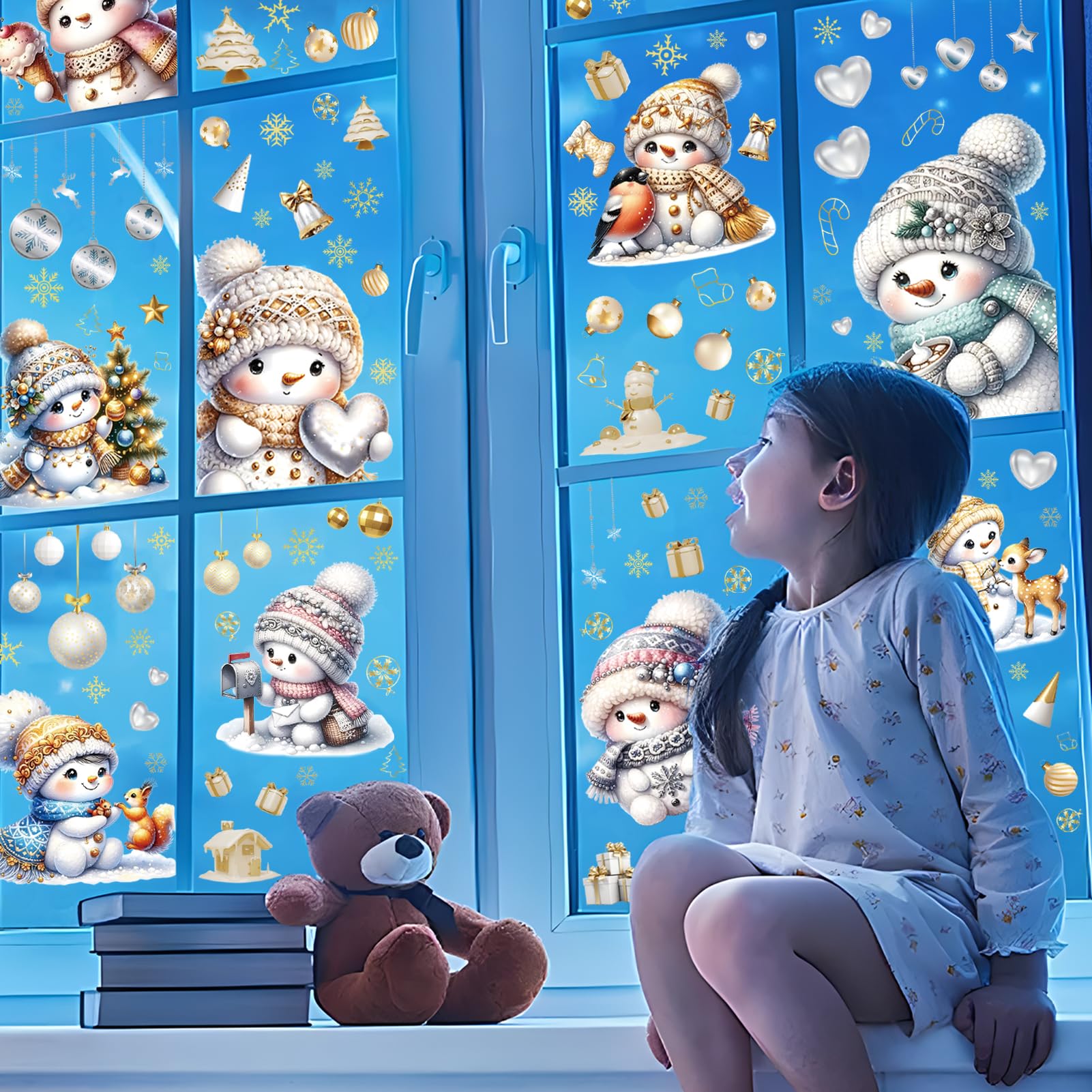 Fassory 9 Sheets 195 Pcs Christmas Window Stickers, Reusable Static Christmas Window Clings, Double-Side Window Stickers Snowman, Christmas Window Decorations (Cute Snowman)