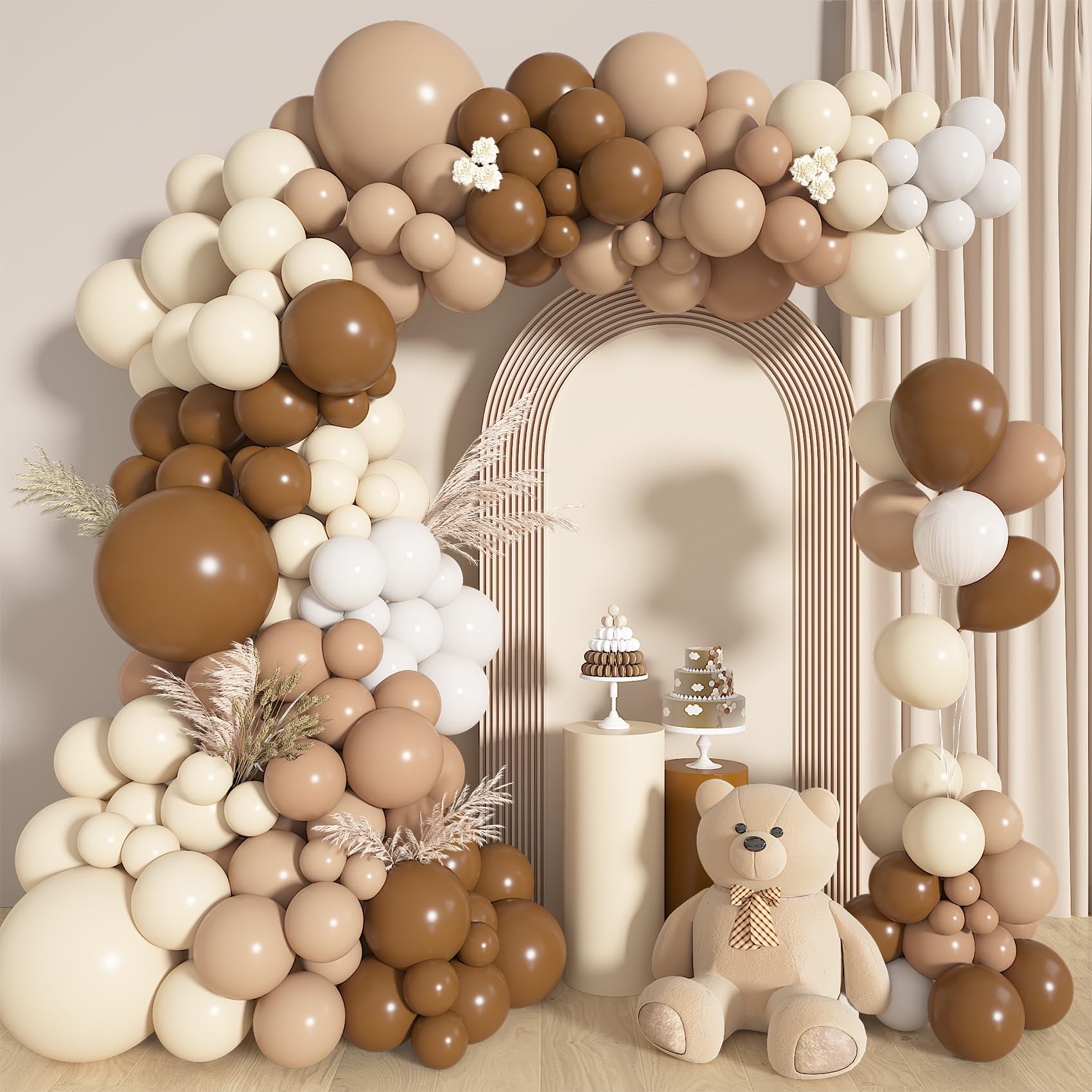 Photo 1 of 142Pcs Brown Balloons Garland Arch Kit Nude Coffee Brown Boho Blush Tan Neutral Balloons for Teddy Bear Baby Shower Neutral Woodland Wedding Jungle Safari Wild One Birthday Party Decorations
