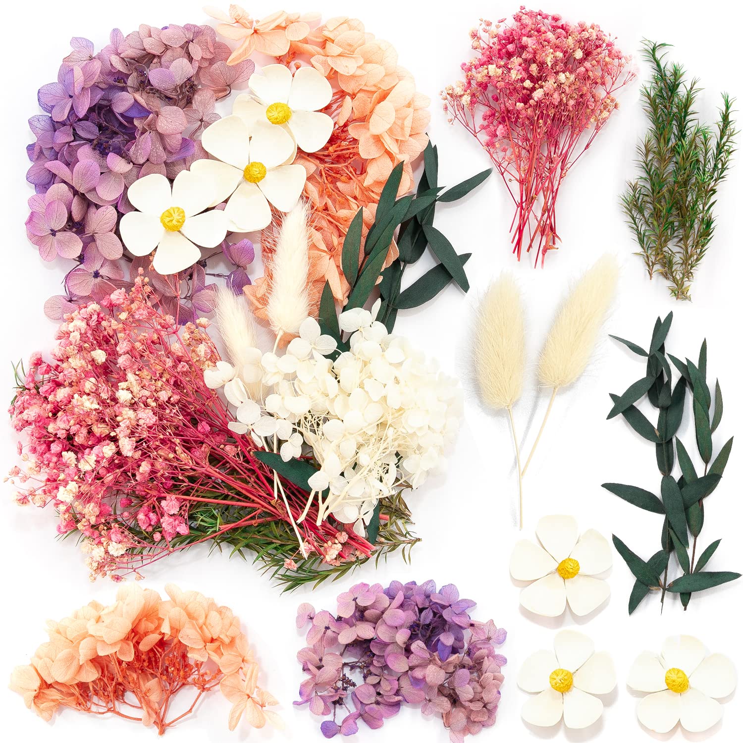 iDattel Natural Dried Flowers, Dry flowers Mixed, DIY Natural Dried Flower Set for Arts Crafts DIY Resin Scrapbooking Craft Card Making (Pink White Rose)