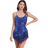 ODIZLI Women Sparkle Sequins Fringe Tassel Leotard One Piece Bodysuit Latin Dance