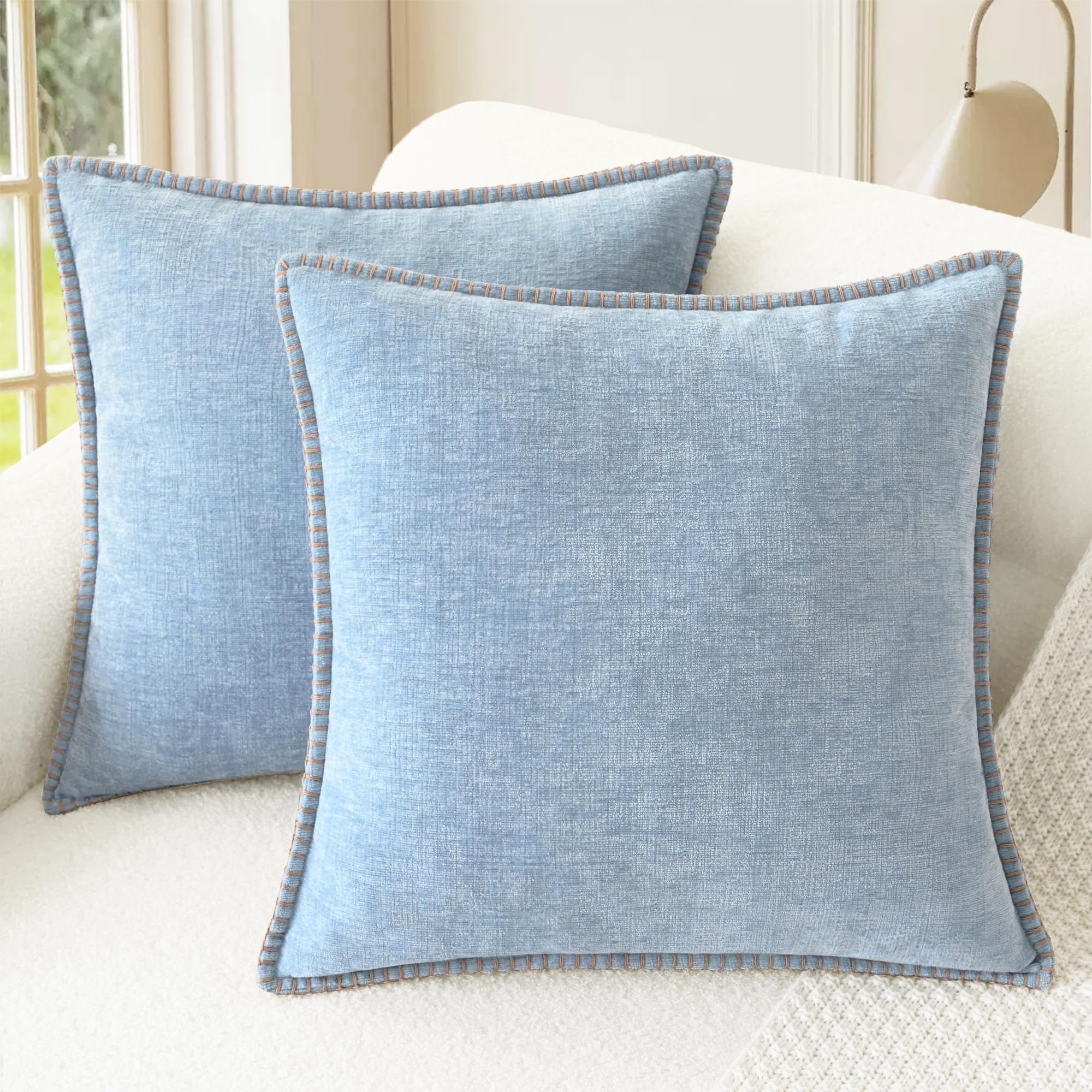 Photo 1 of CaliTime Throw Pillow Covers Decorative 18 X 18 Inches Pack of 2 Cotton Thread Stitching Edges Solid Dyed Soft Chenille Cushion Cases for Couch Sofa Bed Living Room Farmhouse Baby Blue