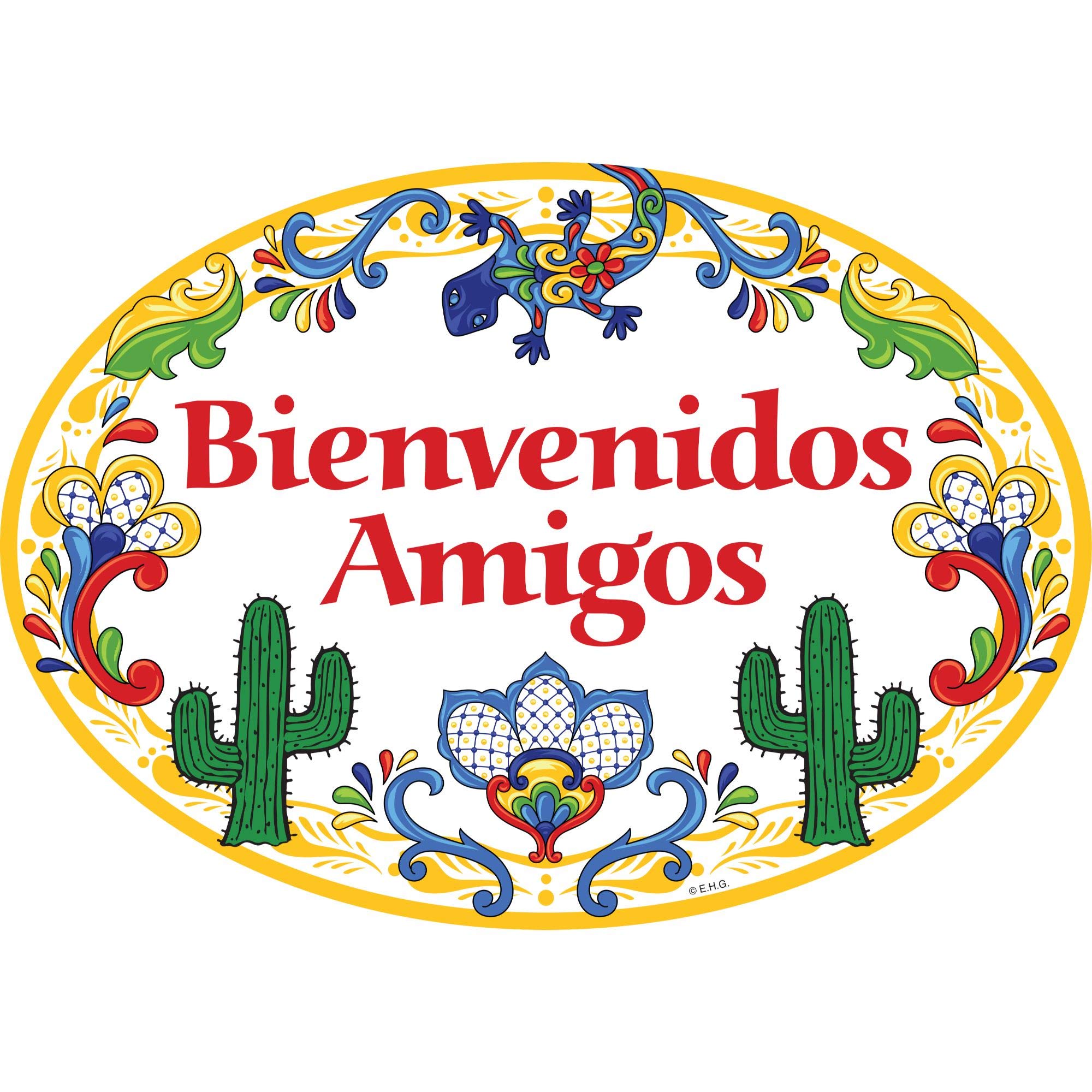 E.H.G. - "Bienvenidos Amigos" Latino Traditional Artwork, Ceramic 11x8 inches Spanish Front Door Sign with Cactus/Yellow Motif, Letrero de Bienvenida, Decoracion de Entrada y Hogar