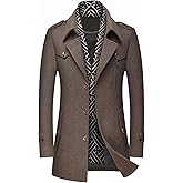 PRIJOUHE Men's Wool Blend Jacket Single Breasted Slim Fit Thick Winter Windproof Pea Coat with Removable Scarf