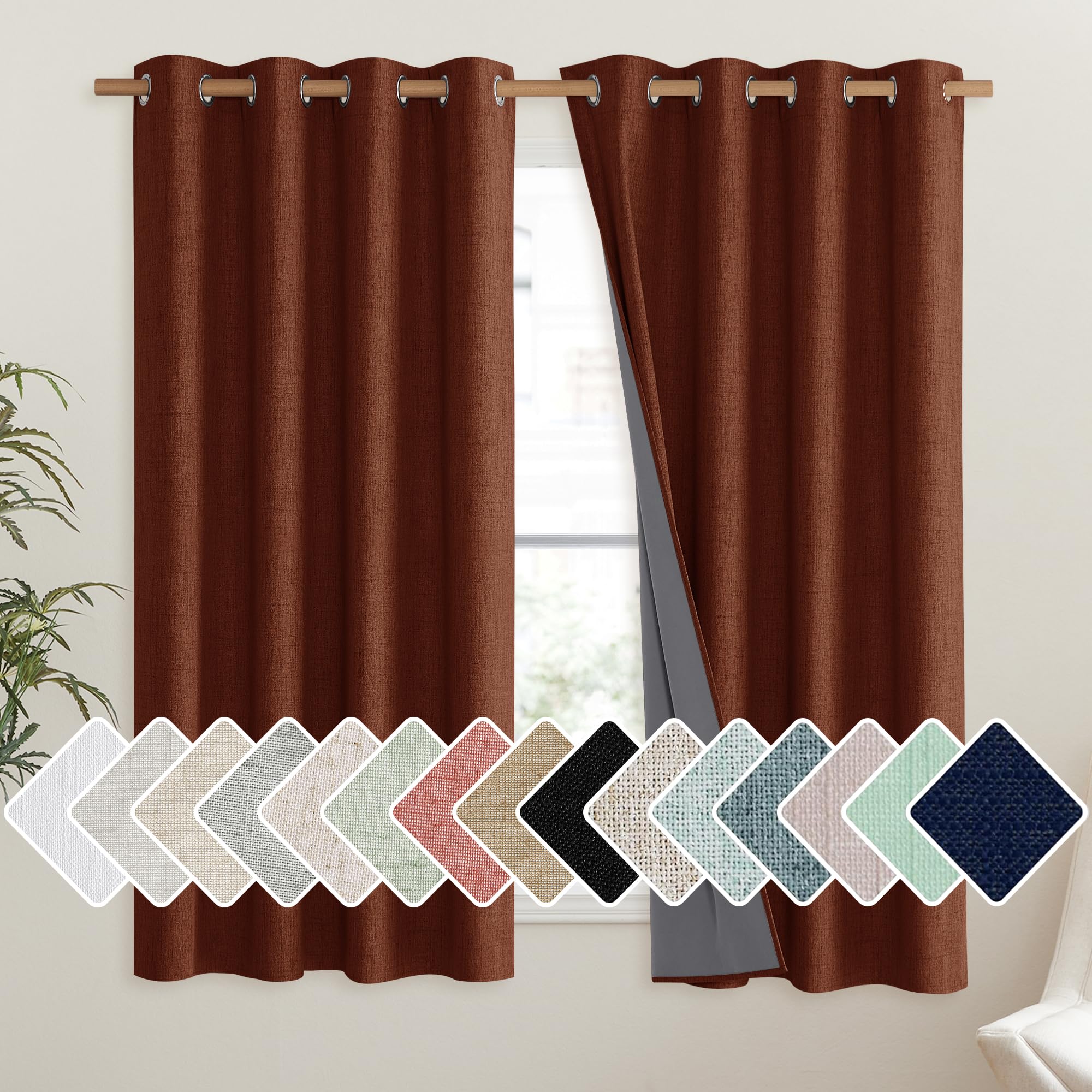 NICETOWN 100% Absolutely Blackout Linen Curtains with Thermal Insulated Liner, 52" Wide, 2 Panels, 45" Long Drapes, Grommet Retro Burnt Orange Linen Curtains Vertical Drapes Privacy for Bedroom Image