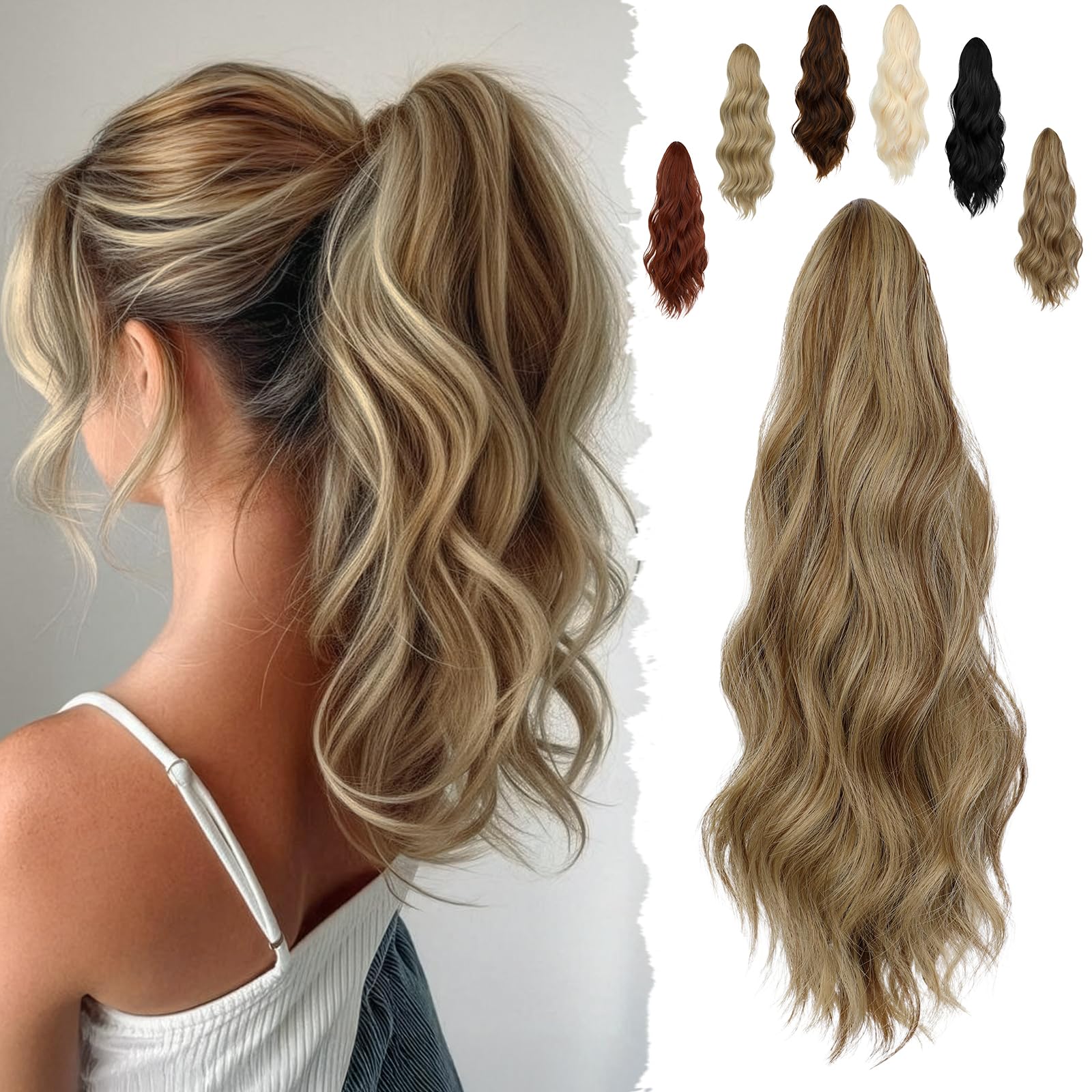 Photo 1 of FELENDY 16" Ponytail Extension Long Curly Wavy Ponytails Clip in Claw Hair Extension Pony Tails Natural Looking Synthetic Hairpiece for Women Light Brown mix Ash Blonde