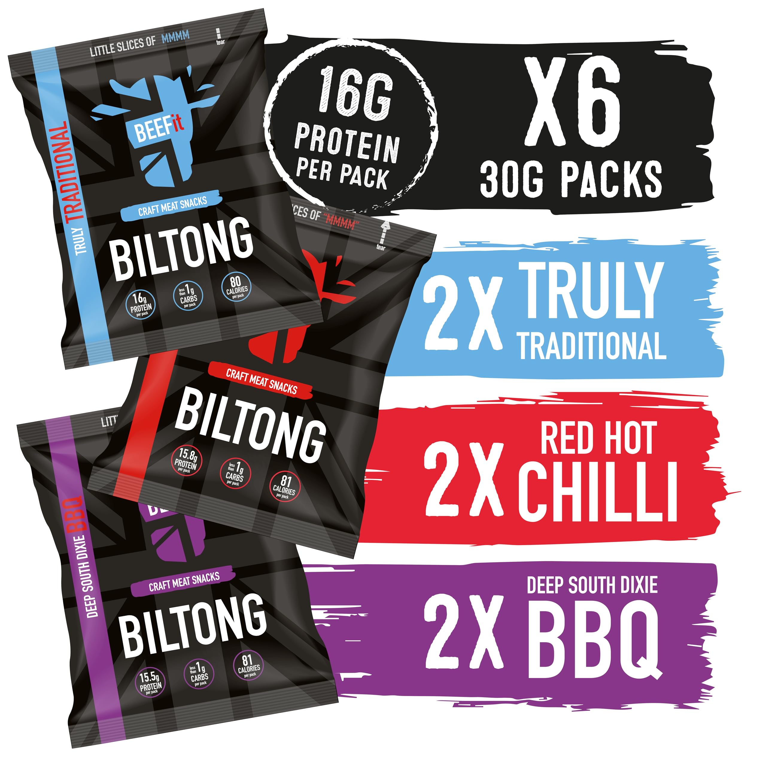 BEEFit Biltong Beef Jerky Flavour Fest - One Bag of Each Flavour - Traditional, Red Hot Chilli & BBQ - Healthy High Protein Snacks, Gluten Free, Perfect for On-the-Go (6x30g) โ image 1