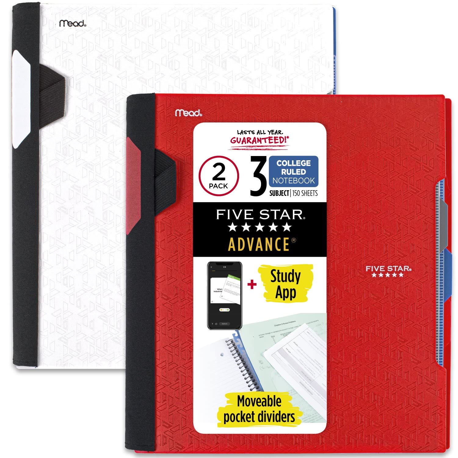 Five Star Advance Spiral Notebooks Plus Study App, 3 Subject, College Ruled, 11" x 8-1/2", 2 Pack (820111)