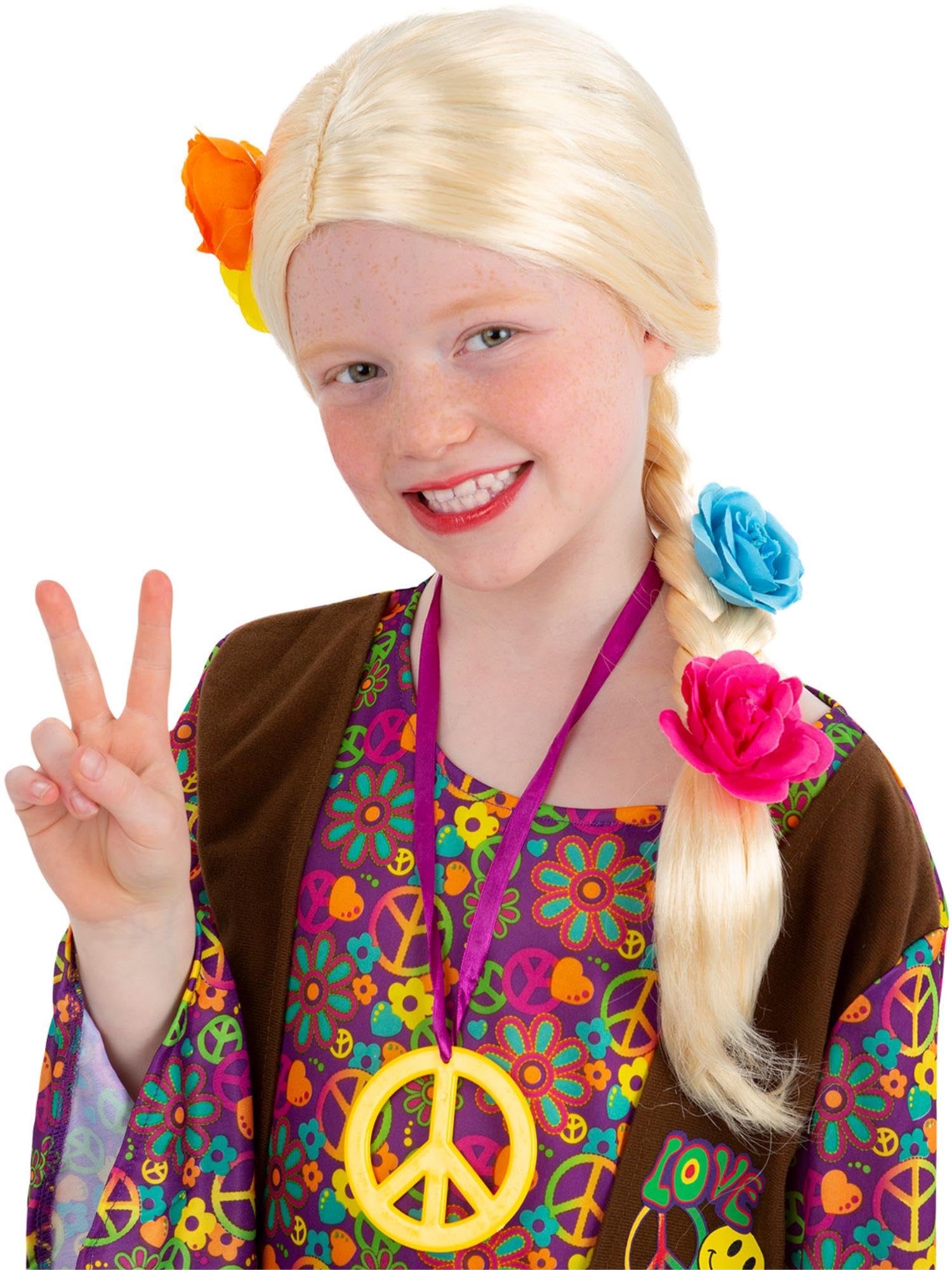 Smiffys Princess/Hippie Long Plait Wig with Flowers, Girls Fancy Dress, Child Dress Up Wigs
