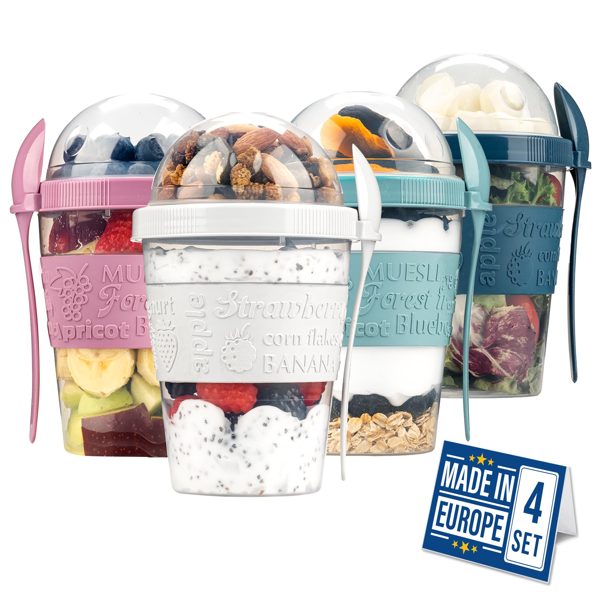 Crystalia Reusable Oats Container with Lids 4Pcs BPA Free Breakfast Pots to Go Dishwasher Safe Yoghurt Pots Cereal On The Go Overnight Oats Jars Oatmeal Container Yogurt Pot