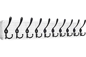 WEBI Coat Rack Wall Mount,38 9/16" Long,10 Hooks,Large Coat Hooks Wall Mounted,Coat Hanger Wall,Wood Hook Rack Rail,Triple Hooks for Hanging Coats,Clothes,Jacket,Rustic White