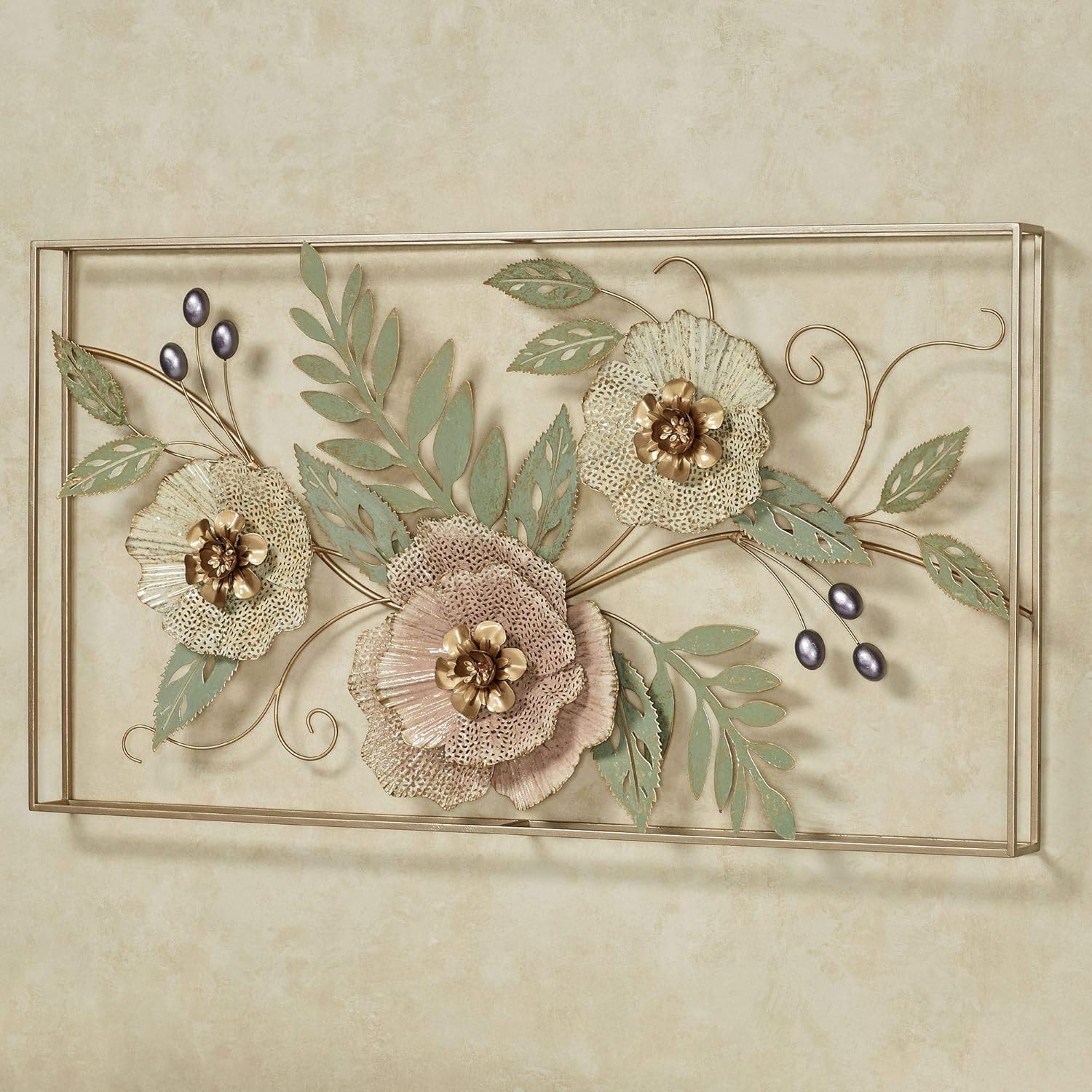 Paintings - Touch of Class Forever Blooms Openwork Floral Wall Art - Framed - Metal - Painted by Hand Pink Pastel, Cream Blossoms, Metallic Hues - Fluted Flower Petals - Alcohol Ink Fluid Painting