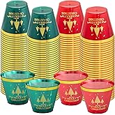 I00000 60PCS Merry Christmas Party Cups - Christmas Disposable Cups 9 Oz Green Party Cups Wine Glasses Gold Rim Clear Plastic Cocktail Cups Tumblers Drinking Cups for Xmas Parties