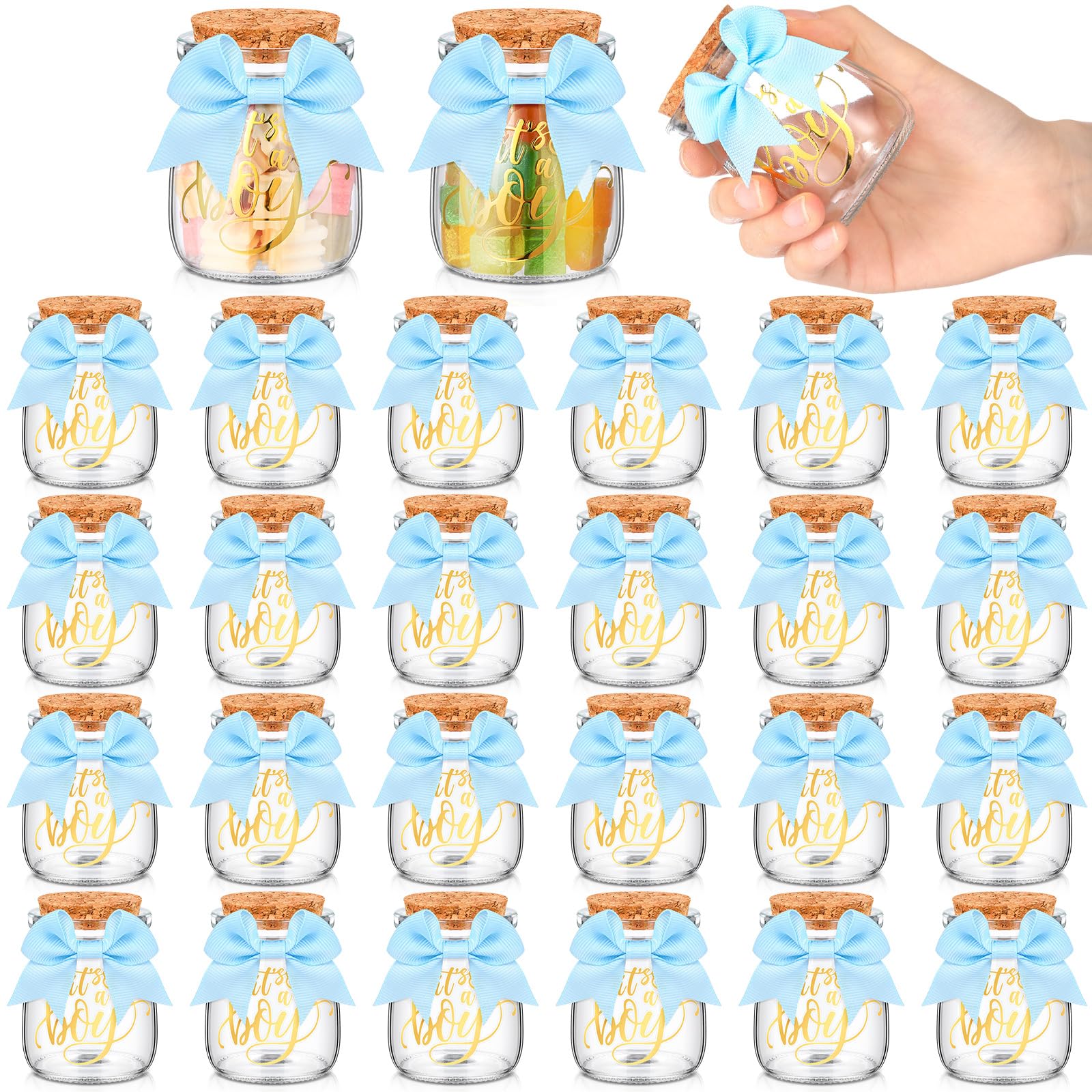 Photo 1 of Funnymoom 24 Sets Baby Shower Bottles Favors for Guests Glass 100 ml Milk Jar with Ribbons and Stickers Decorations for Gender Reveal Newborn Centerpiece Party Favor (Blue,It's A Boy)