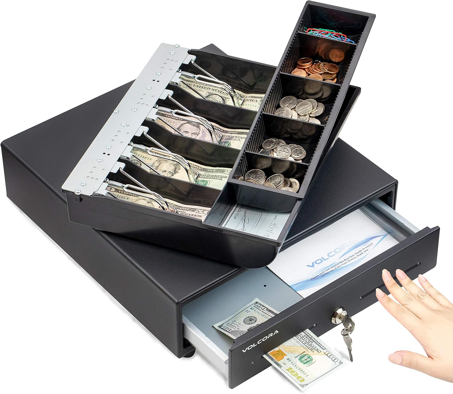 13" Manual Push Open Cash Register Drawer for Point of Sale (POS) System, Black Heavy Duty Till with 4 Bills and 5 Coin Slots, Key Lock with Fully Removable Money Tray and Double Media Slots : Electronics