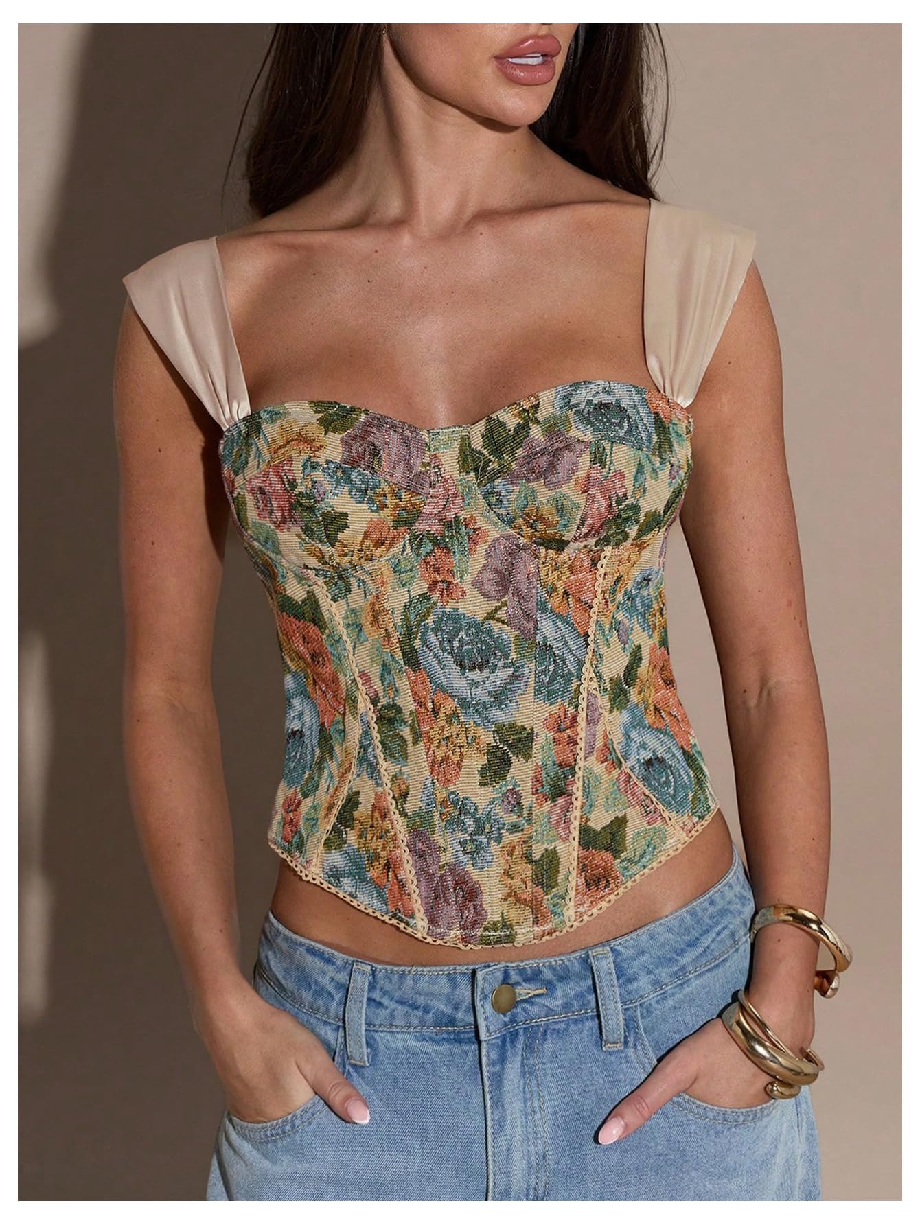 Condition photo showing New/Like New for floerns women's vintage floral backless tank tops sleeveless lace up elegant asymmetrical corset top