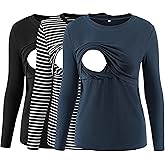 Liu & Qu Women's Nursing Tops Ribbed Long Sleeves Maternity Shirts Double Layer Breastfeeding Shirts Pregnancy Clothes 3 Pack