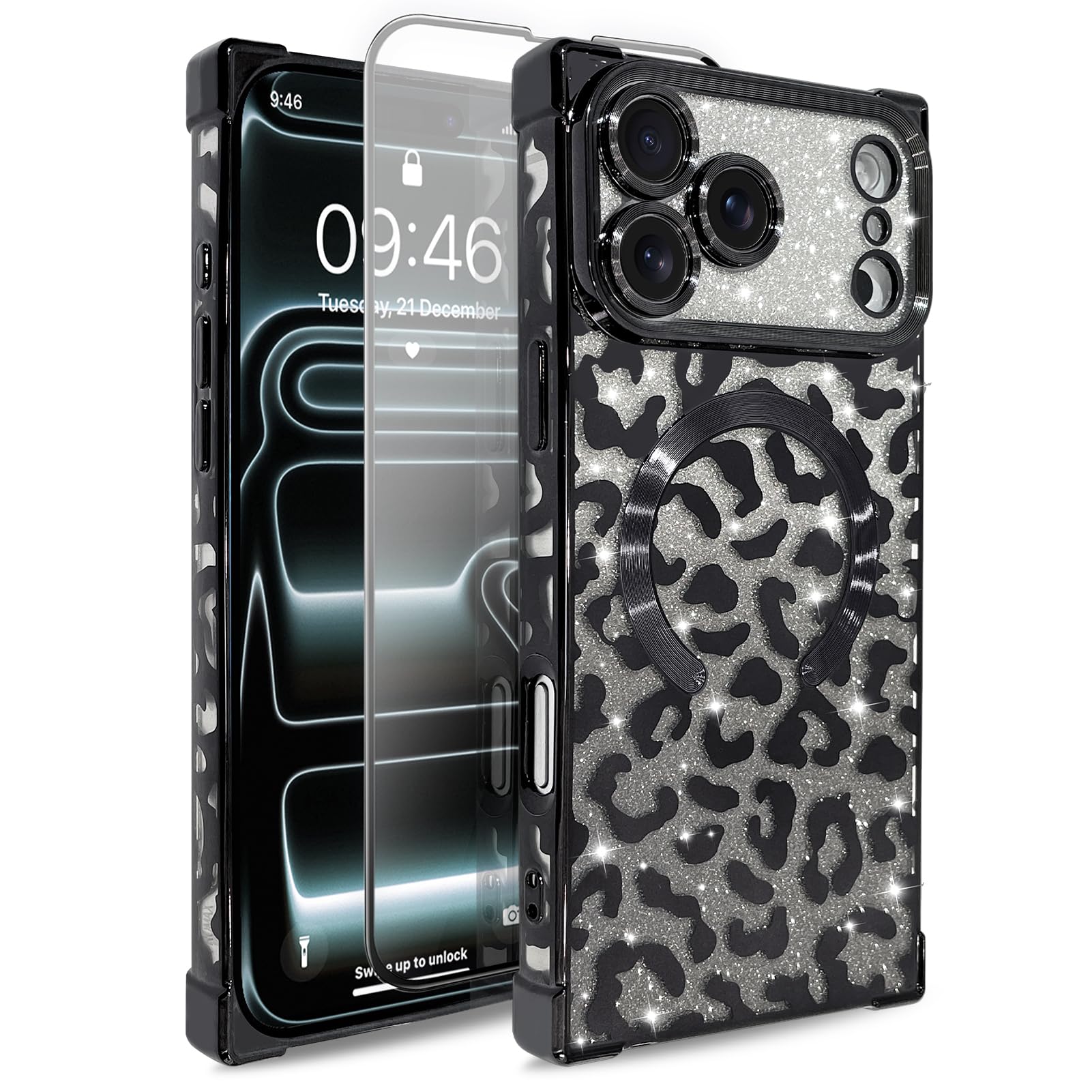 MOWIME Magnetic Case for iPhone 17 Pro Max [Compatible with Magsafe] [Luxury Plating Cheetah Print Pattern] [1 Screen Protector] Soft TPU Protective Leopard Case for iPhone 17 Pro Max 6.9", Black