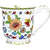 LanHong Bone China Coffee Mug with Floral Pattern - 11.8oz Elegant Flower Design Tea Coffee Cup - Perfect for Tea, Cocoa, Hot Beverages -Birthday Christmas Gift for Women Men (Red)