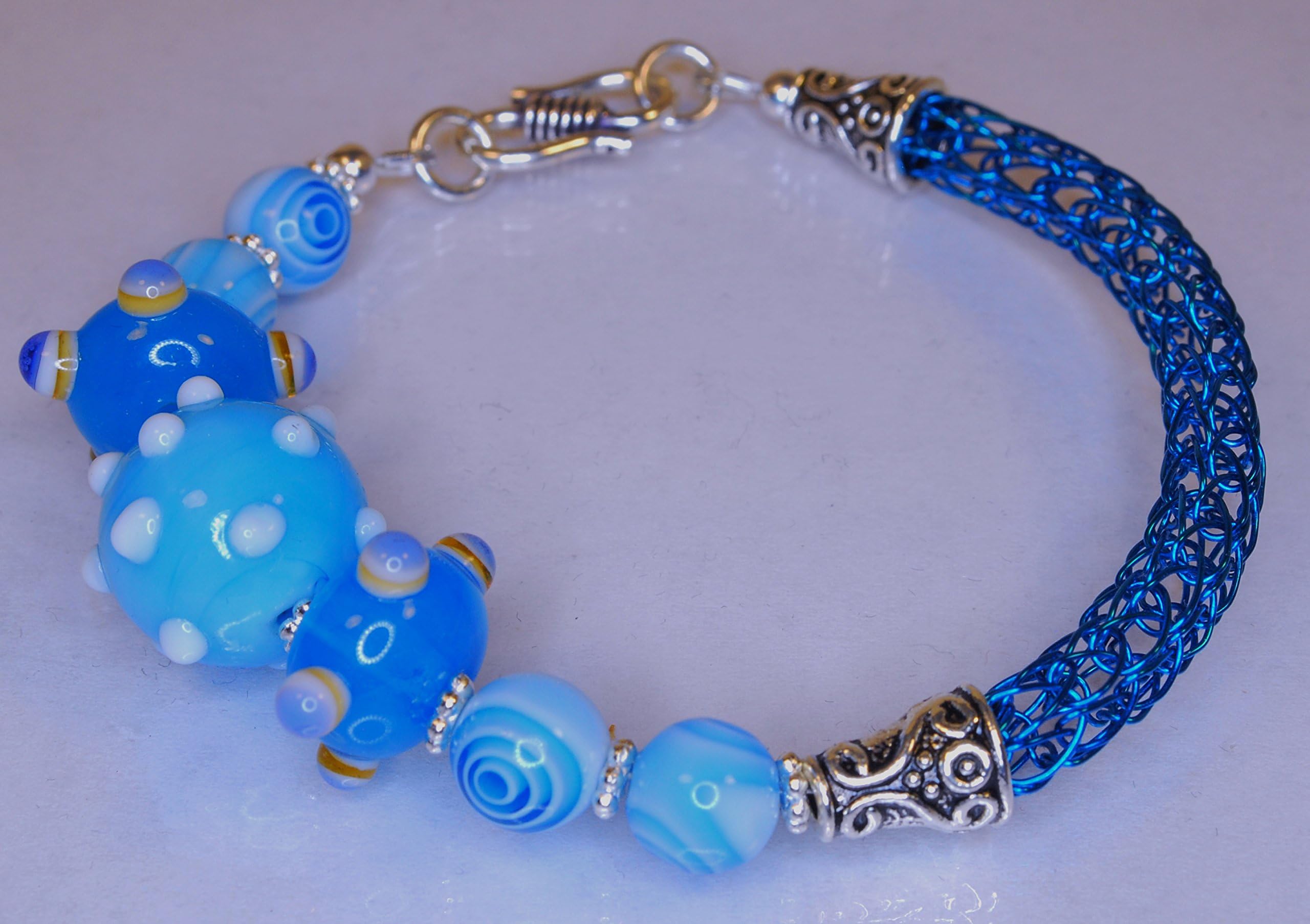 Peacock Blue Viking Knit and Lampwork Bead Bracelet