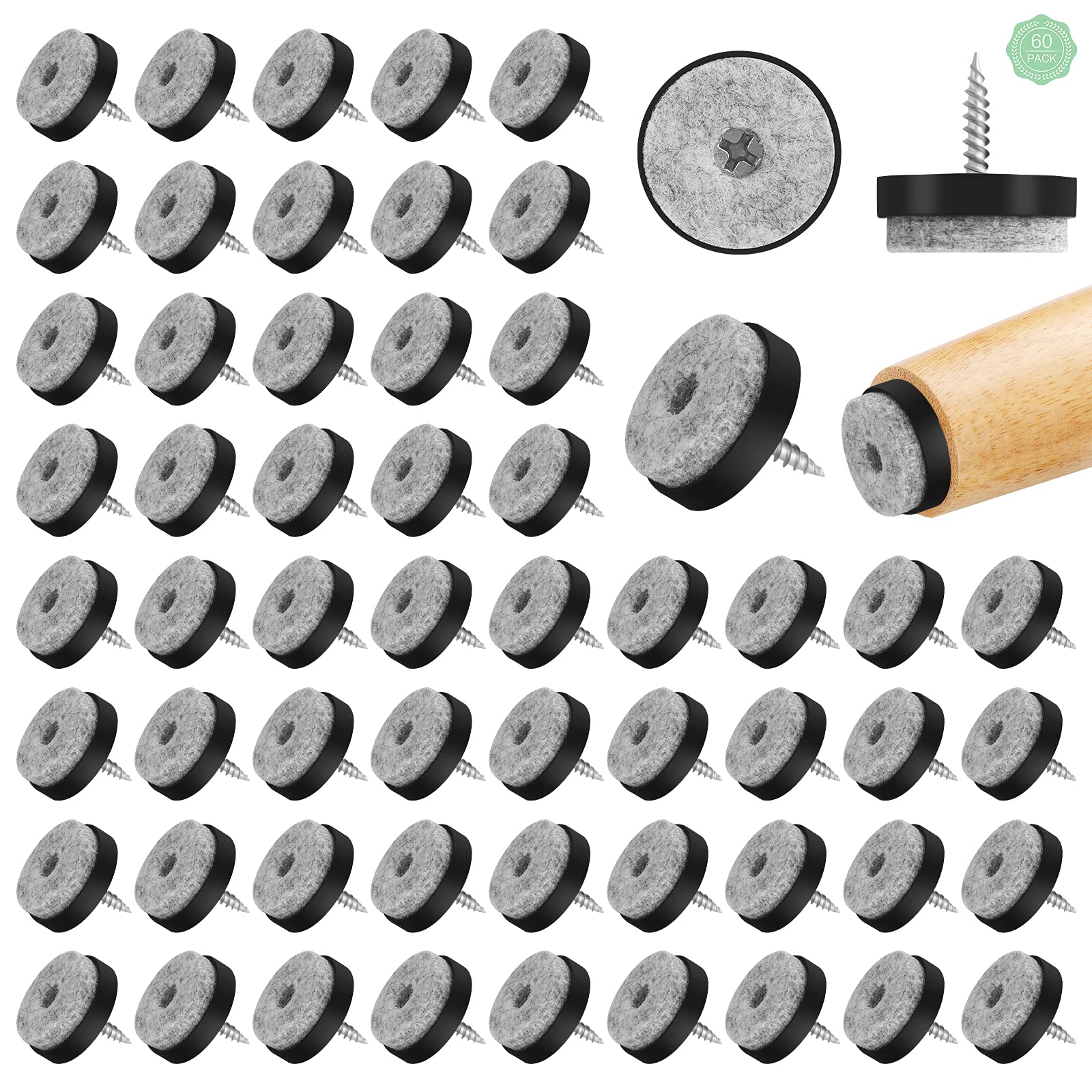 60Pcs furniture felt pads floor protector pads for furniture legs 25mm felt chair pads Round Non Slip screw on felt pads felt slides pads for Wooden Hardware Furniture, 0.98x0.98 inch