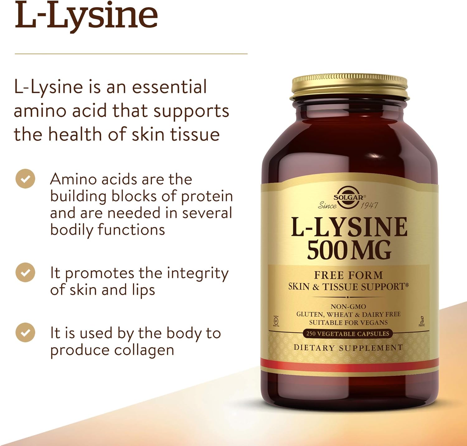 Solgar L-Lysine Vegetable Capsules, 500 mg, 250 Count – Supports Healthy Skin and Lips: Health & Personal Care