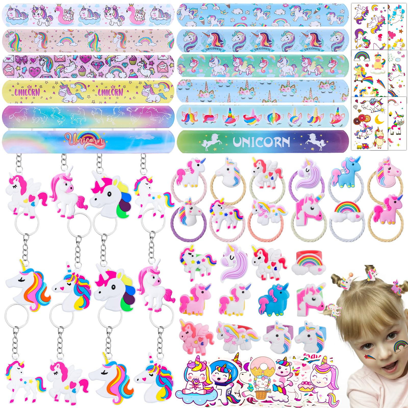 Photo 1 of 133Pcs Unicorn Party Favors Pack - Unicorn Theme Birthday Party Decoration with Bracelets, Hair Rings, Key Chains, Tattoos, Pinata Fillers