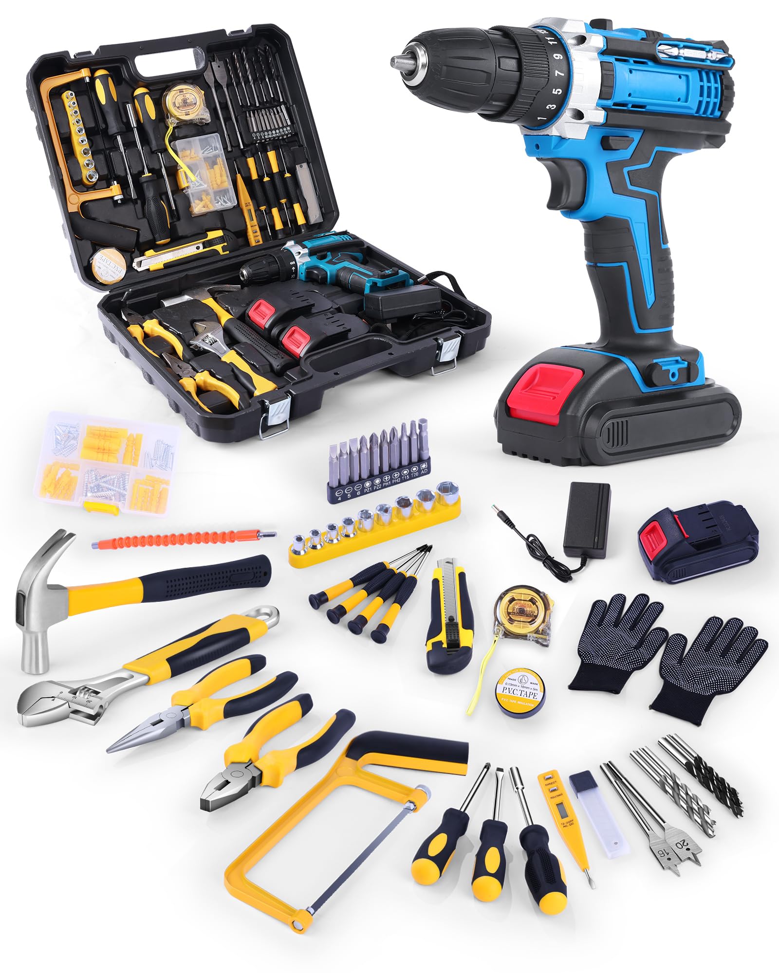 AOFUXTI Electric Screwdriver Drill Bit Set Kit, Home cordless drill tool box, Small Hand Drill ToolSet, Essential Portable Power Drills Set for Men, Battery Operated 20v Engineer's Tool