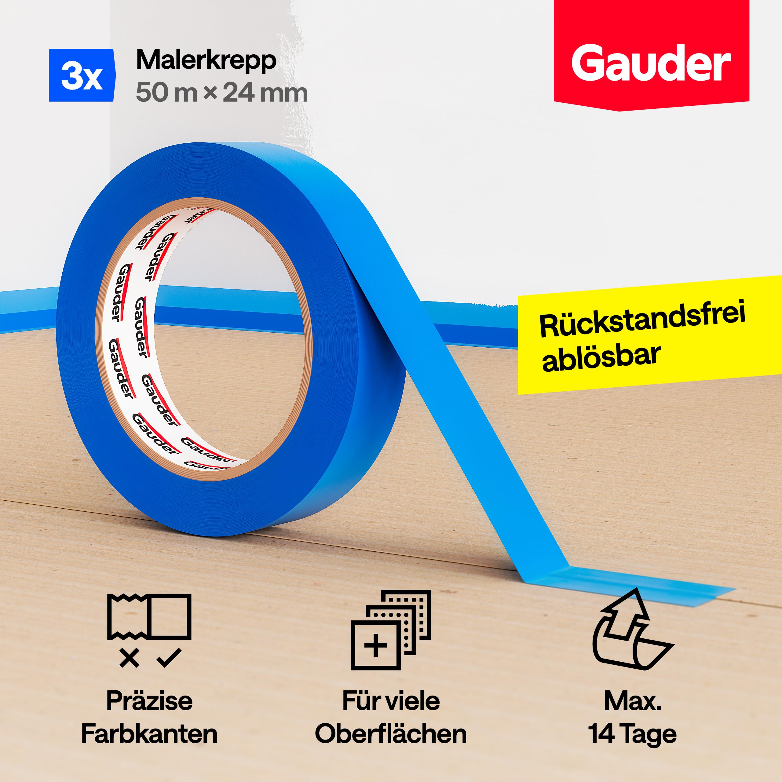 GAUDER Malerkrepp für präzise Farbkanten - Kreppband für Malerarbeiten - Malerband & Abdeckband blau - Abklebeband Maler Washi-Papier - Masking Tape - Klebeband Malertape (3 Rollen - 24 mm x 50 m) 2