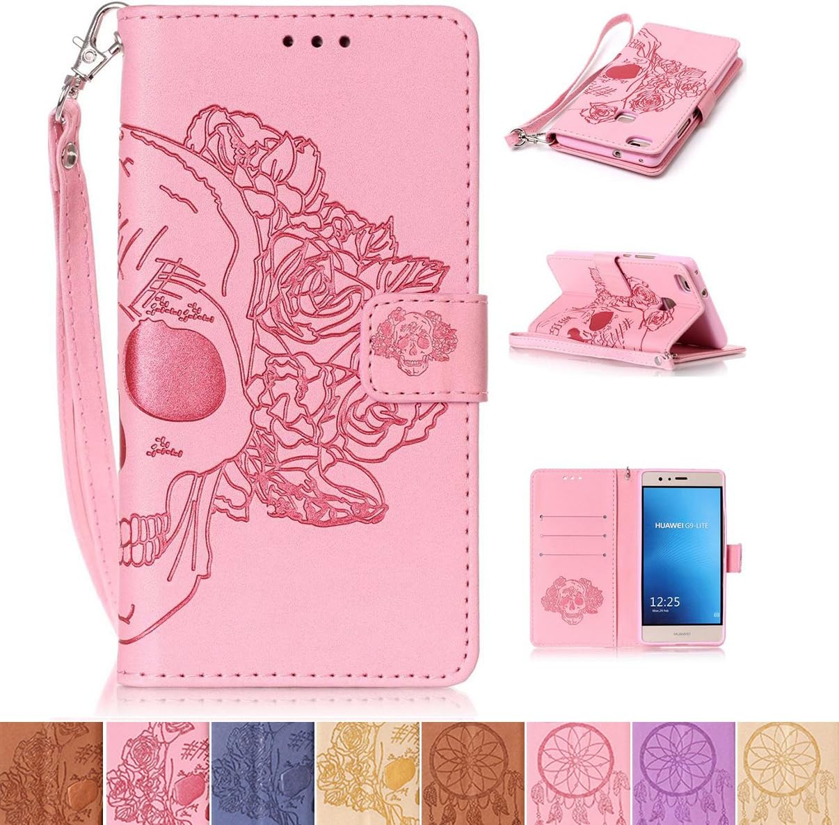 Huawei P9 Lite Case, Firefish Kickstand Card Slots Cash Holder Dual Layer Impact Resistant Case Cover with Wrist Strap Magnetic Snap Closure for Huawei P9 Lite- Skull-F