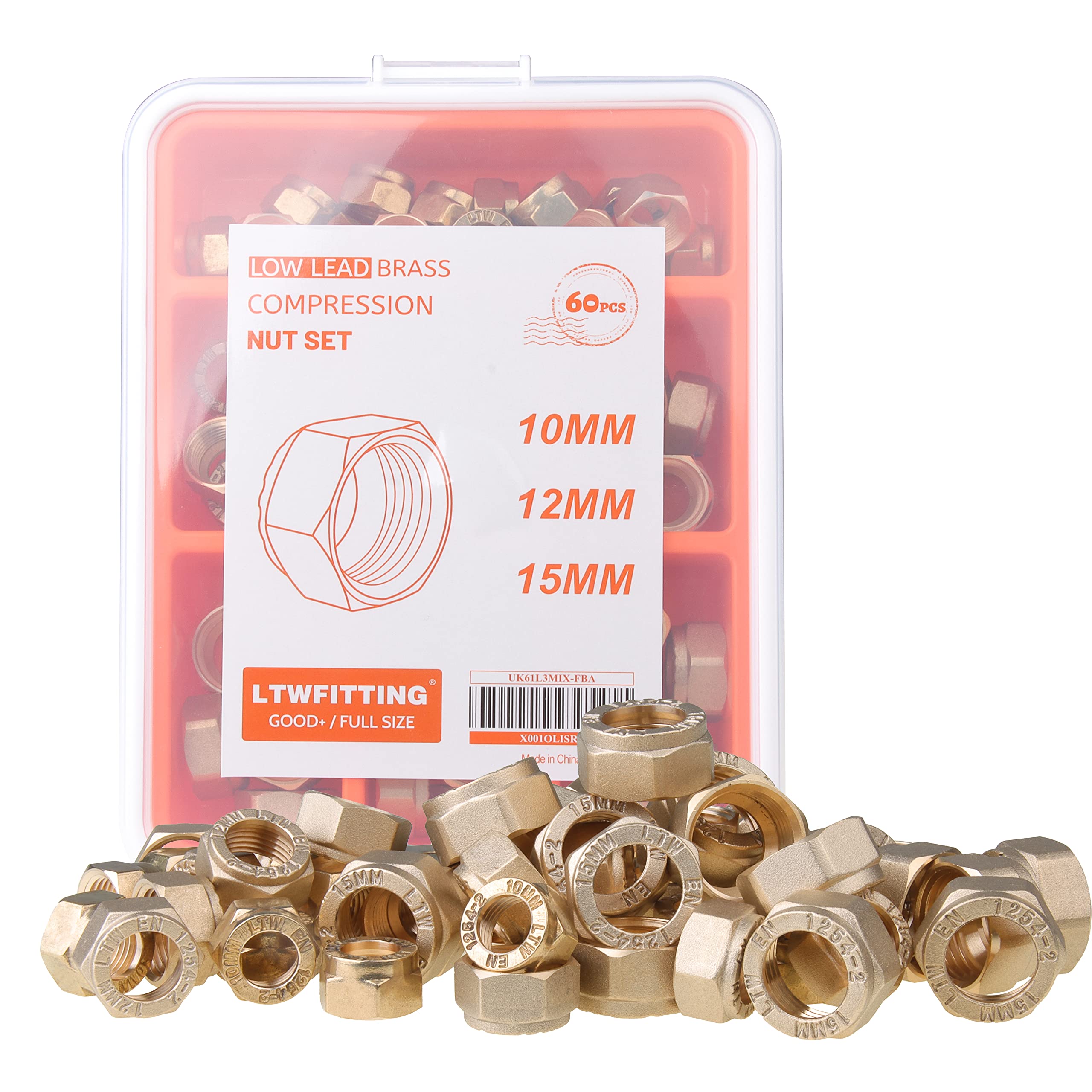 LTWFITTING Brass Compression Nut Set 10 12 15 MM OD High Strength Hex Nuts (Pack of 60)