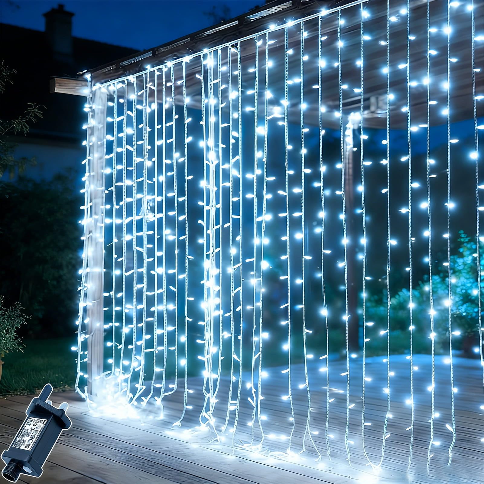 3M x 3M Curtain Lights Plug in, 300LED Curtain Fairy Lights with Timer, Connectable, Waterproof Hanging Waterfall Fairy light for Bedroom Wall Gazebo Garden Indoor Outdoor Decorations - Cool White