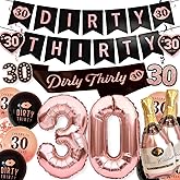 PartyForever 30th Birthday Party Decorations Banner Kit For Women Including Dirty Thirty Black and Rose Gold Banner for Her with Dirty 30 Balloons