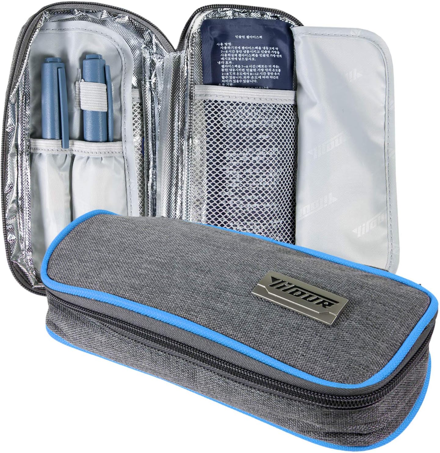 Insulin Cooler Travel Case, Diabetic Medication Holder Bag and Organizer Kit with 2 Non-Sweat Ice Packs and Insulated Liner (Gray - Blue Trim)