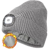 MELASA Winter Fleece Lined LED Beanie, USB Rechargeable Hand Free Warm Hat with Light Built in, Gifts for Men Dad Husband Him