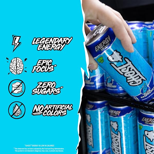 GHOST ENERGY DRINK – 12-PACK, BLUE RASPBERRY, 16OZ CANS – ENERGY & FOCUS & NO ARTIFICIAL COLORS – 200MG OF NATURAL CAFFEINE, L-CARNITINE & TAURINE – GLUTEN-FREE & VEGAN