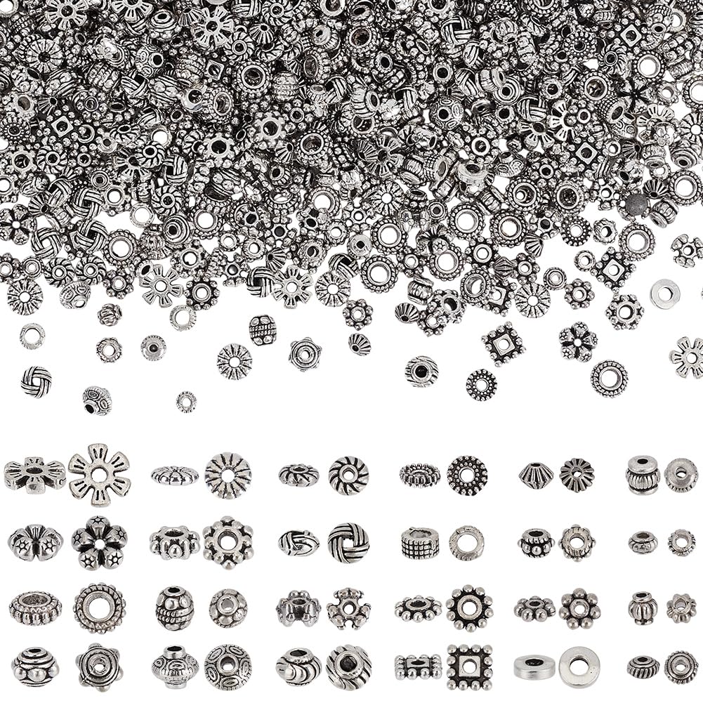 PH PandaHall 1200pcs 24 Styles Antique Silver Spacer Beads, Tibetan Alloy Tube Snowflake Spacers Beads Flower Flat Rondelle Small Loose Beads for Bracelet Necklace Earring Jewellery Making Supplies