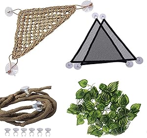 PINVNBY Bearded Dragon Tank Accessories,Reptile Habitat Hammock,Lizard Lounger Climbing Decor,Natural Seagrass Fibers Jungle Bendable Vines Leaves for Chameleon Hermit Crabs Gecko or Snakes(4Pcs)