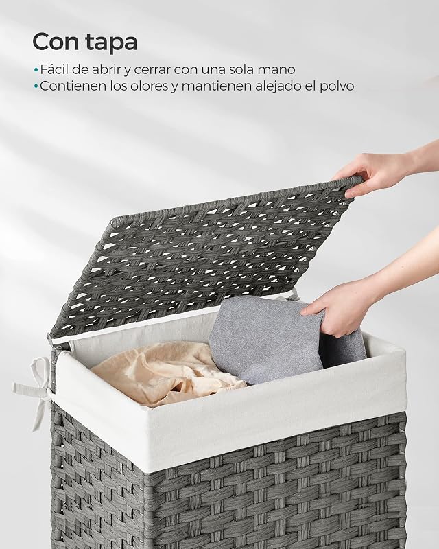 Cesto de Ropa Sucia, 90 L, Ratán Sintético, con Tapa, Plegable