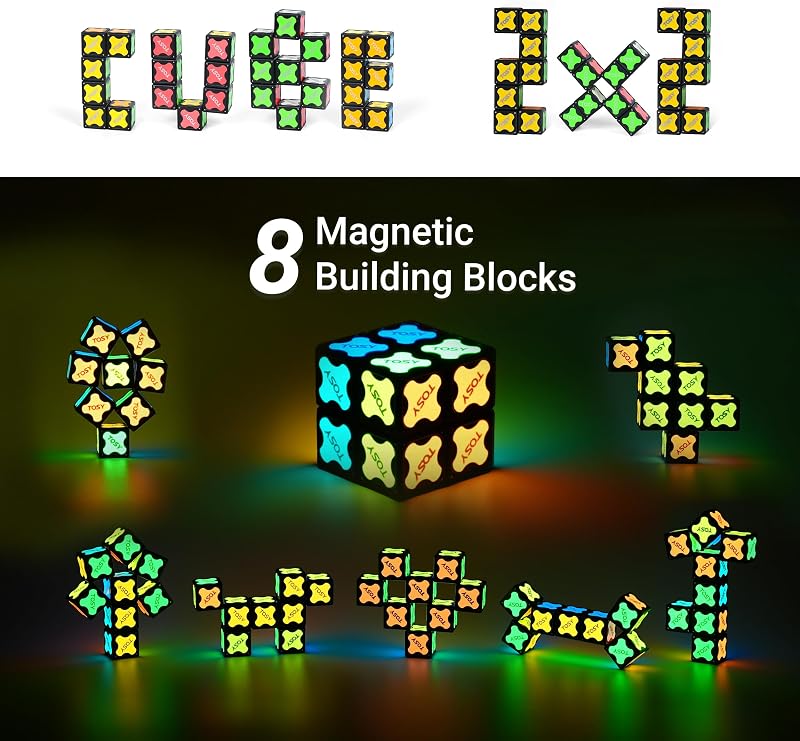 Magnet Cube 2x2 – 8 Bausteine, 2-in-1: 2x2x2 Puzzlewürfel und anpassbarer Infinity-Würfel, Leuchtend, UV-Taschenlampe, Fidget-/Sensorik-/STEM/STEAM-Spielzeug