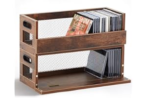 Jetec 2 Set Retro Cd Storage Box Holder Shelf Metal & Wooden Display Racks with Carrying Handles, Cassette Tape Organizer Shelf for Movie Cases, Dvds, Each Set Can Store up to 36 Pcs Cds