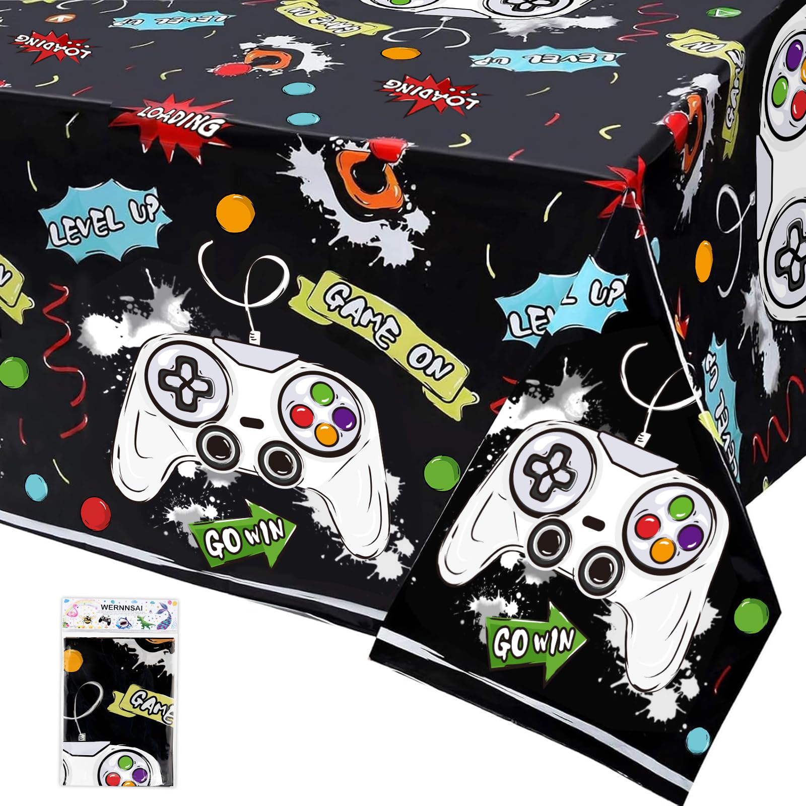 WERNNSAI Watercolor Video Game Party Tablecloth - 1PC Video Game Party Supplies for Boys Birthday Party Decoration Black Game Table Cover for Kids Player Geek Game Night 137 x 274 cm