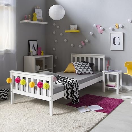 Homestyle4u 1416 Holzbett Kiefer massiv , Einzelbett aus Bettgestell mit Lattenrost , 90x200 cm , Weiß