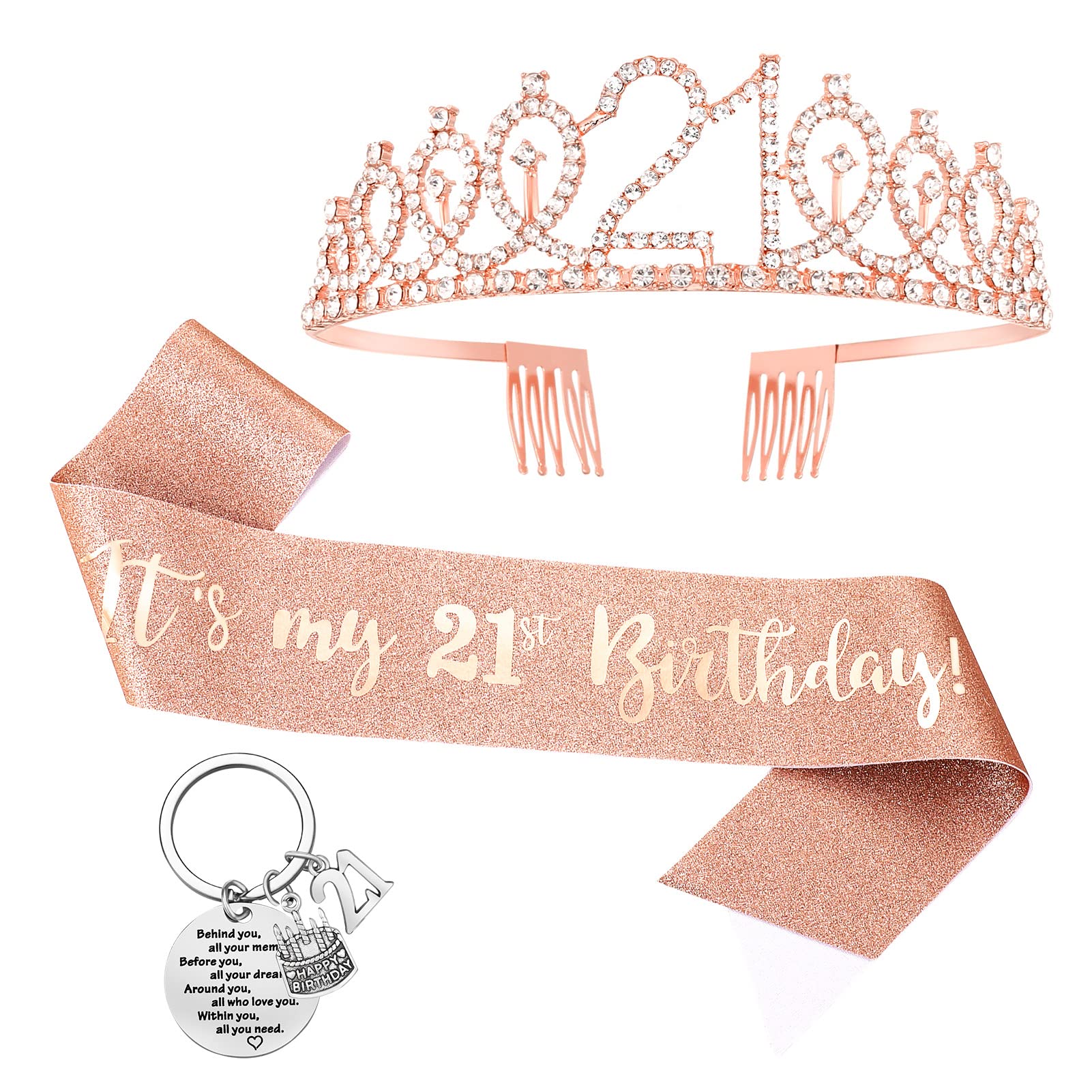 Popuppe 3pcs 21st Birthday Sash and Crown Keychain Set Rose Gold Glitter Sash Rhinestone Tiara Keyring, Party Favor Keepsake for Her 21st Birthday