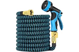 BOMMIYAN Expandable Garden Hose 50 ft with 10 Function Nozzle Sprayer, Lightweight Flexible Water Hose with Durable Collapsible Latex Core & Solid Brass Fittings, 50ft Retractable Stretch Hose, Black & Blue