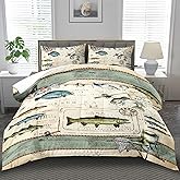 llyxsesty Fish Comforter Set Twin,Nautical Bedding Set Twin for Boy,Ocean Bedding Striped Quilt,Coastal Comforter Fishing Birthday Party Decorations,Nautical Quilt Fishing Decor for Kids and Adult