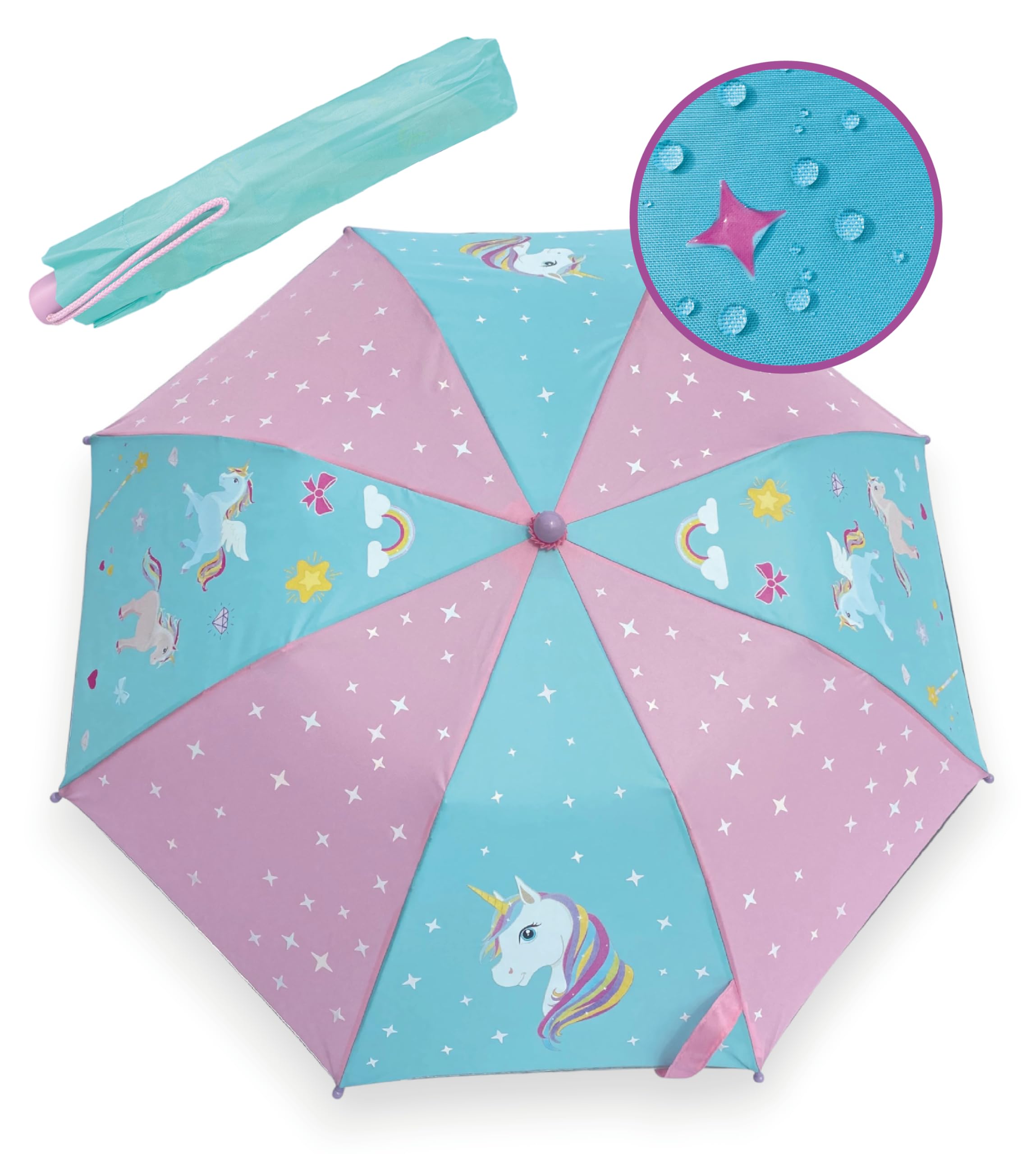 HECKBO Magic Umbrella Unicorn - changes color in the rain - folding umbrella: fits into any backpack - with reflectors on all sides - wooden handle & protective caps - protective case for storage